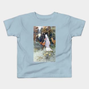 Woman Walking Through the Woods with a Timid Dun Deer - Warwick Goble Kids T-Shirt